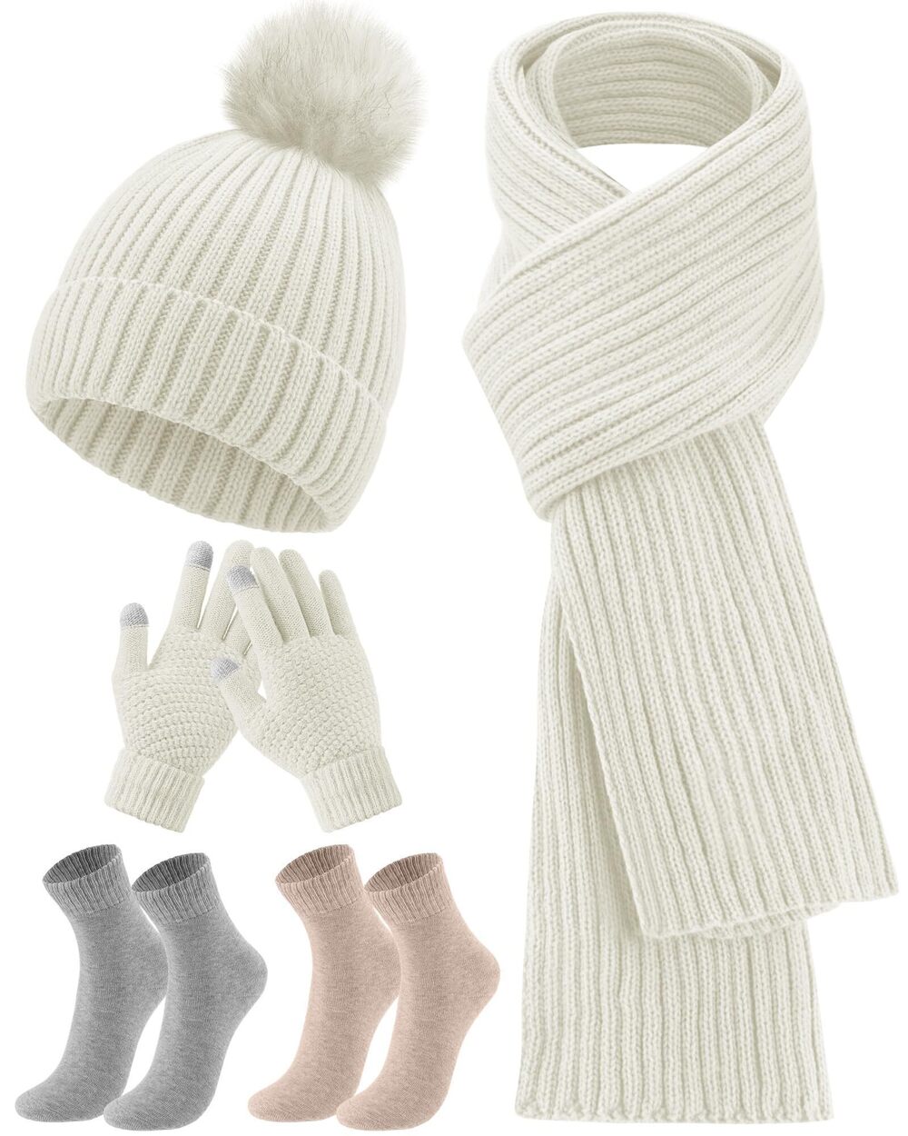 1471 5 Pieces Winter Beanie Hat Scarf Touchscreen Gloves and Thick Socks